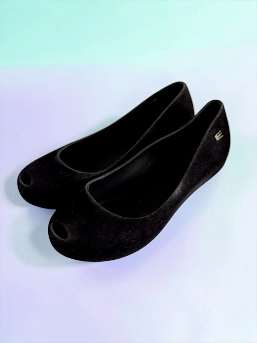 Mini Melissa Peep‑Toe Flats Black Velvet Matte Girls Size 13 Like New